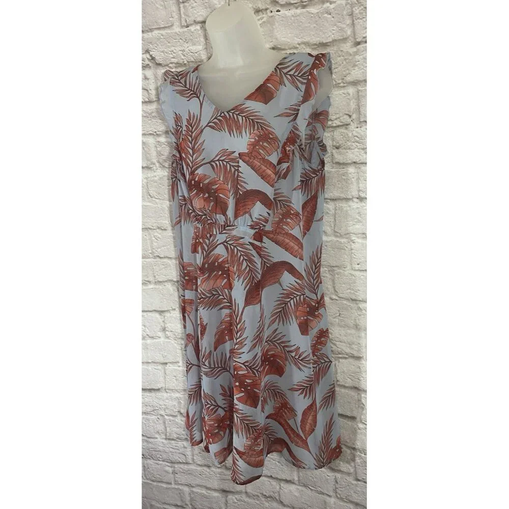 CAbi 5381 Isabel Blue Coral Palm Leaf Print Ruffle Summer Dress M Tropical Beach